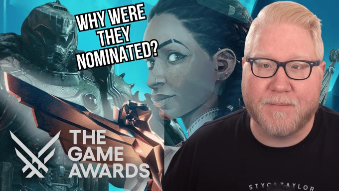 A photo of me on the right side against a blue background with faded images of Hazel from South of Midnight and DOOM Guy from DOOM: The Dark Ages. There's an image of the game awards statue with the logo of the game awards on top. The text on the top of the image reads: Why were they nominated?