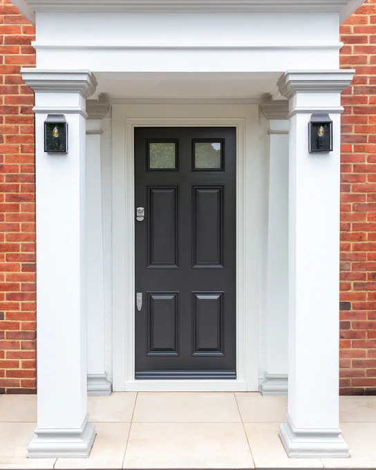 Bespoke handcrafted Banham Front Door in Blue with Satin Chrome Locks for Matt Dawson. 