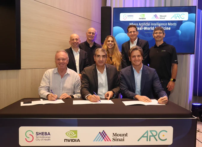 The parties gathered today for the signing ceremony at Sheba Medical Center in Ramat Gan, Israel.
From left to right, first row: Michael Kagan, CTO, NVIDIA; Professor Yitshak Kreiss, Director General Sheba Medical Center; Dr. Alexander Charney, Director, Charles Bronfman Institute for Personalized Medicine, Icahn School of Medicine at Mount Sinai. Second row: Avner Halperin, ARC; Professor Gidi Rechavi, Sheba Medical Center; Dr. Yoli Shavit, NVIDIA; Professor Eyal Zimlichman, ARC; Dr. Nati Daniel, NVIDIA. Photo credit: Sheba Medical Center.