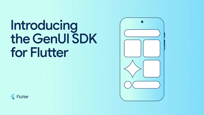 A light blue to green gradient background features large dark blue text on the left, "Introducing the GenUI SDK for Flutter." On the right, a stylized outline of a smartphone displays abstract white UI elements, including a horizontal bar, two squares, a diamond, another square, a circle, and a pill shape. The Flutter logo and text appear in the bottom left.