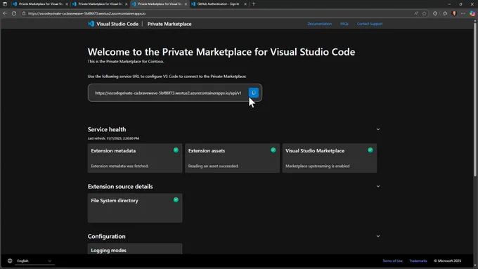 A screenshot of a Private Marketplace for VS Code