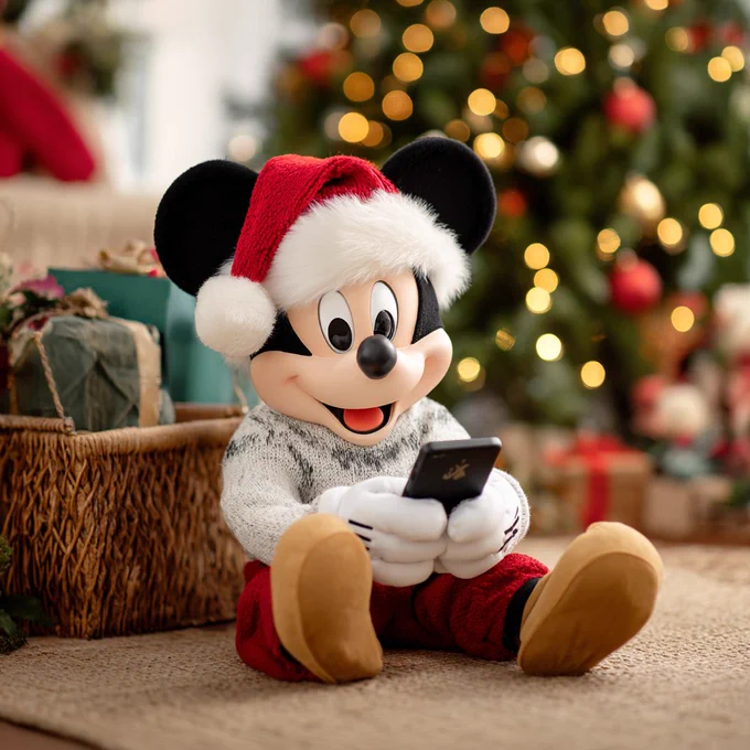 Mickey Mouse scrolling social media on his phone on Christmas morning