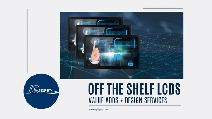A futuristic promotional graphic featuring three overlapping high-tech LCD touchscreen panels with a hand interacting via touch gestures. Blue digital network lines and nodes surround the displays, symbolizing connectivity and advanced technology. The AGDisplays logo is in the bottom-left corner with bold text reading “OFF THE SHELF LCDS – VALUE ADDS • DESIGN SERVICES” and the website www.agdisplays.com underneath. Predominant color scheme is dark blue and cyan.