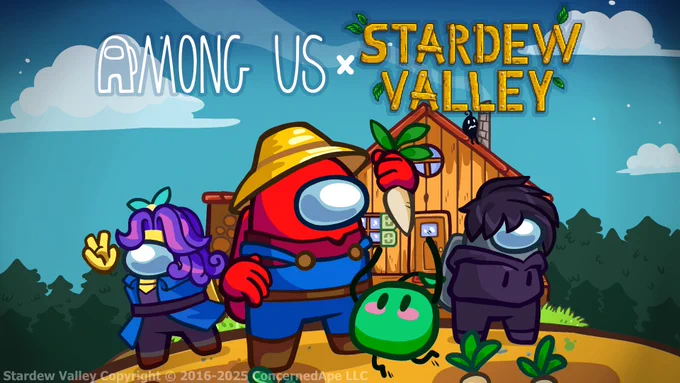Keyart of the Among Us x Stardew Valley Cosmicube. 3 Crewmates stand at a farm, from left to right:
- Yellow wearing the Abigail's Locks Hat and Abigail's Outfit Skin
- Red wearing the Prized Straw Hat and Work Overalls Skin beside a Junimo Pet
- Gray wearing the Sebastian's Bangs Hat and Sebastian's Hoodie Skin