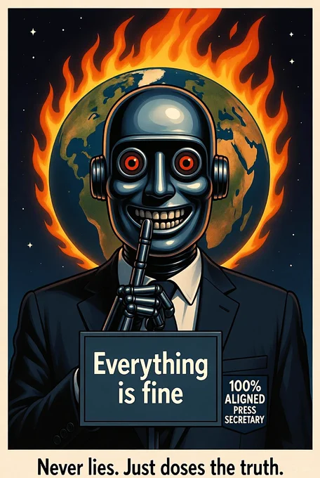 A creepy retro-futuristic robot with glowing red eyes and a wide psychotic grin, dressed in a black suit, presses a metal finger to its lips in a “shhh” gesture. It holds a large sign reading “Everything is fine” while a badge on its chest says “100% ALIGNED PRESS SECRETARY”. Behind it, planet Earth is engulfed in flames. Bottom caption: “Never lies. Just doses the truth.” Dark comic-book style, orange and black color palette