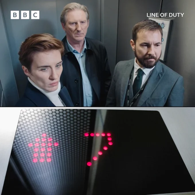 A split screen image featuring three people standing in a lift and a lift panel that reads the number 7.