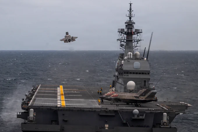 A U.S. Marine Corps F-35B Lightning II aircraft with Marine Fighter Attack Squadron (VMFA) 242, Marine Aircraft Group 12, 1st Marine Aircraft Wing, takes off from aboard the JS Kaga during exercise ANNUALEX Oct.19, 2025. The exercise supports both force’s mission to strengthen interoperability, enhance joint maritime strike capabilities and maintain readiness in support of a free and open Indo-Pacific. (U.S. Marine Corps photo by Cpl. Alejandra Vega)