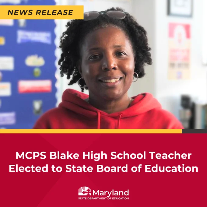 Image featuring a smiling teacher, who was elected to the State Board of Education. The text overlay announces the news release from the Maryland State Department of Education.