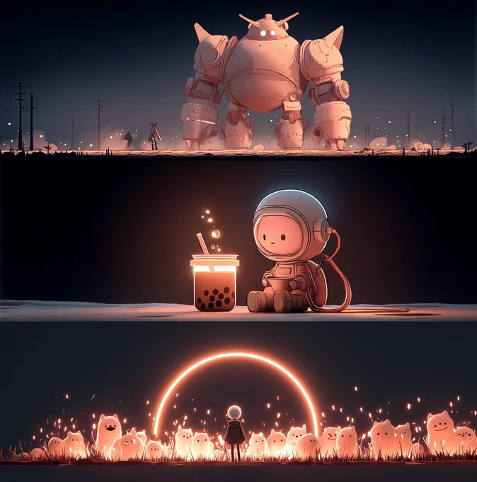 space galaxy cosy adventure big mecha robot boba tea fuzzy glow aliens ai midjourney images