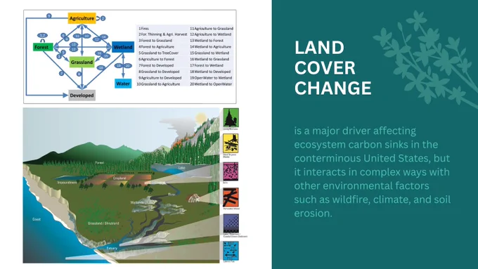 The figure on top shows the land cover type and land change processes considered in the study. The processes of wildfire, tree partial cut, and crop harvest are also included. The bottom figure shows the major ecosystem carbon pools. 