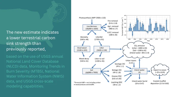 This figure shows the ecosystem carbon stocks and fluxes of the conterminous U.S. from 1985 to 2020. (1) Values in the flowchart represent the 1985–2020 annual mean carbon stock or flux with uncertainty ranges (units in Tg C and Tg C/yr). The carbon stock of inland waters is unknown but assumed to be constant. NPP: net primary productivity; NBP: net biome productivity; DIC: dissolved inorganic carbon; DOC: dissolved organic carbon; POC: particulate organic carbon. (2) The inset graph shows the temporal trends of CONUS-scale terrestrial NBP, with uncertainty range (1.96 x STDEV) based on Monte Carlo simulations. A positive value indicates net carbon gain, while negative value indicates net carbon loss.