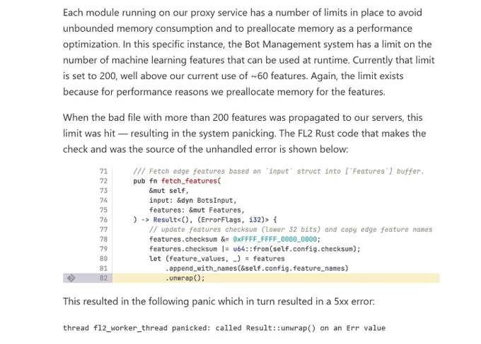 Cloudflare blog excerpt showing code snippet in Rust with a highlighted .unwrap() call causing a panic. Preceding explanatory text describes why the .unwrap() code path was entered.