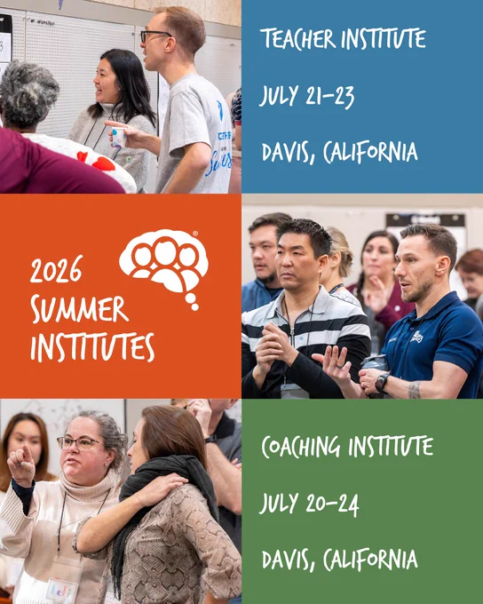 There are three photographs and three boxes of text laid out in a checker pattern. The photo in the top left corner is of three educators standing around a whiteboard, solving a problem. To the right is the text, "Teacher Institute July 21-23, Davis, California."

The middle of the post is made of a box on the left with the text "2026 Summer Institutes" and the BTC logo. To the right is a picture of two adult educators talking while looking at something a distance away.

The third picture on the left at the bottom is of who adults discussing a problem. To the right are the words "Coaching Institute, July 20-24, Davis California.