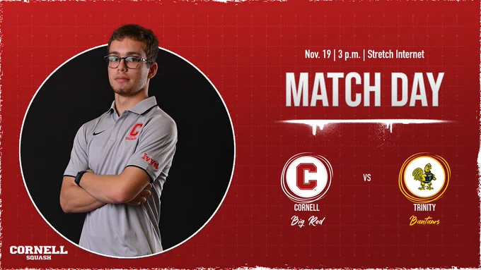 Cornell men's squash vs. Trinity match day graphic featuring a media day photo of sophomore Youssef Sarhan.