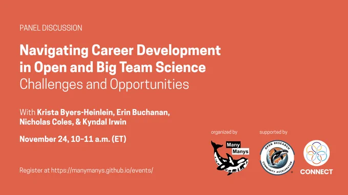 NAVIGATING CAREER DEVELOPMENT IN OPEN AND BIG TEAM SCIENCE: CHALLENGES AND OPPORTUNITIES
Date & time: November 24, 10–11 a.m. (ET)
Speakers: Krista Byers-Heinlein, Erin Buchanan, Nicholas Coles, & Kyndal Irwin