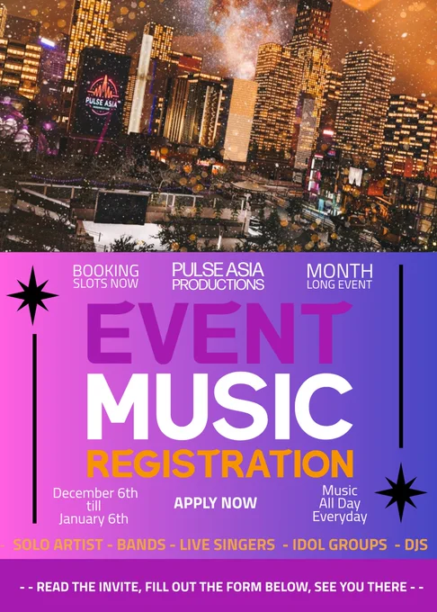 Pulse Asia Productions is thrilled to invite you to perform at AsiaPop Amphitheatre’s Snow Glow Festival, a month-long, sponsored, celebration of music, light, and winter magic running December 6, 2025 through January 6, 2026.

About the Festival Snow Glow is our year-end flagship: immersive staging, dynamic lighting/LED design, and a curated lineup of artists and DJs spanning KPOP, JROCK, EDM, hip‑hop, R&B, indie, and experimental sets. Across four weeks, we’ll feature headline shows of Asian Music on the weekends, DJs during the week, all wrapped in a wonderful surprise in time for the holidays.

How to Apply (2 minutes): Please complete the artist registration form here: 

https://docs.google.com/forms/d/e/1FAIpQLSdZbjFncArluUuSUzgrtwFSLUF9WLLxvt2QbkKOFGKBoF0rmA/viewform

#secondlife #secondlifemusic #secondlifekpop #metaversemusic #kpop #jrock #secondlifeevent 