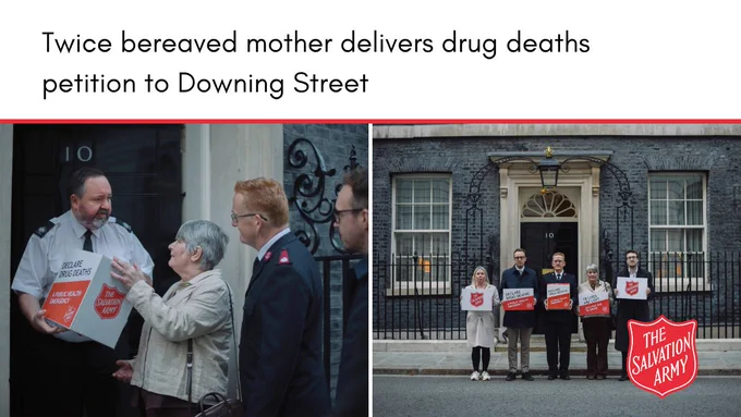 Two images of Lizzie, bereaved mother, handing a red and white box with our petitions inside to the police officer on the door of Number 10, Downing Street (left image.) Members of our addiction support and Public Affairs Unit standing outside the prime minister's residence holding the petition boxes.