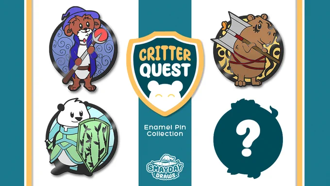 Critter Quest enamel pin collection, featuring the Weazard, The Capybarbarian, The pandadin and MORE!