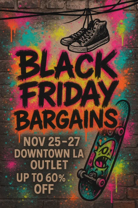 Urban poster design with graffiti spray-painted text 'BLACK FRIDAY BARGAINS', sneakers hanging from wires, skateboard art, vibrant neon splashes, text: 'Nov 25–27 — Downtown LA Outlet — Up to 60% OFF', edgy streetwear vibes