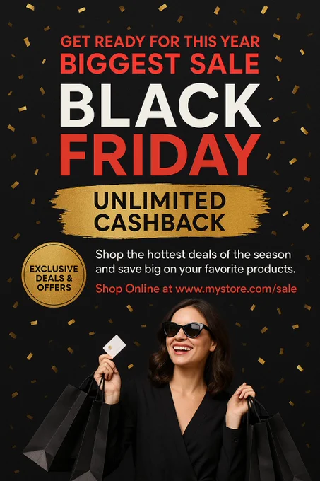 Elegant Black Friday flyer design with a dark black background and golden confetti elements floating around. Bold headline at the top: ‘Get Ready for this Year Biggest Sale’ in red and white text, followed by large bold text ‘BLACK FRIDAY’ in red and white. Below it, a gold brushstroke banner with the words ‘UNLIMITED CASHBACK’ in bold black letters. Add supporting text below: ‘Shop the hottest deals of the season and save big on your favorite products.’ Include website text: ‘Shop Online at www.mystore.com/sale’ in red and white. On the left side, place a golden circle badge with the text ‘Exclusive Deals & Offers’. At the bottom, feature a smiling woman in stylish black clothing holding multiple black shopping bags and a white credit card, representing happy customers shopping during the sale. Modern, premium, and festive style flyer.
