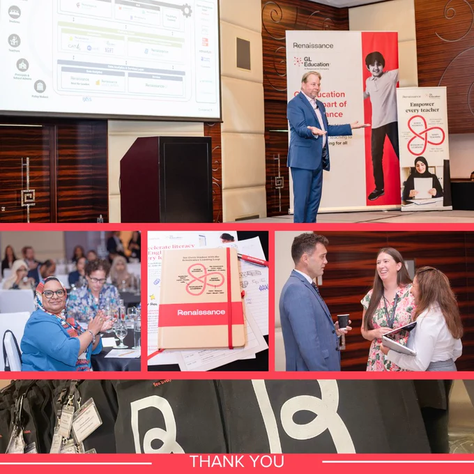 Collage of six images from a Renaissance corporate event, including shots of a presentation with digital graphics, a keynote speaker beside a poster, attendees seated at round tables, a close-up of event materials, a group in discussion, and a 'Thank You' sign.