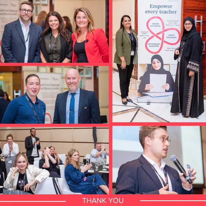 Collage of six images from a professional conference, featuring various attendees networking and participating in discussions, including a scene with a speaker at a podium and another at an 'Empower every teacher' stand.