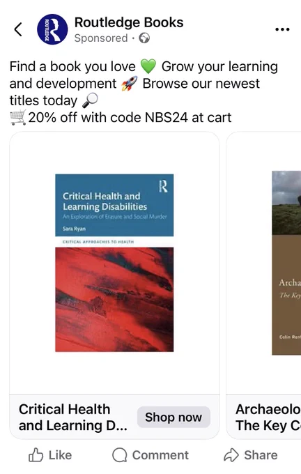 Routledge post from Facebook advertising my new book with 20% voucher… code NBS24.