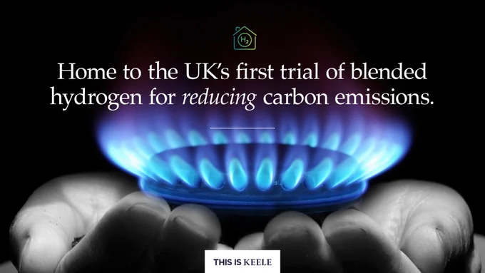 Promotional image for Keele University showcasing a pair of hands cupping a vibrant blue flame, captioned with 'Home to the UK's first trial of blended hydrogen for reducing carbon emissions.'