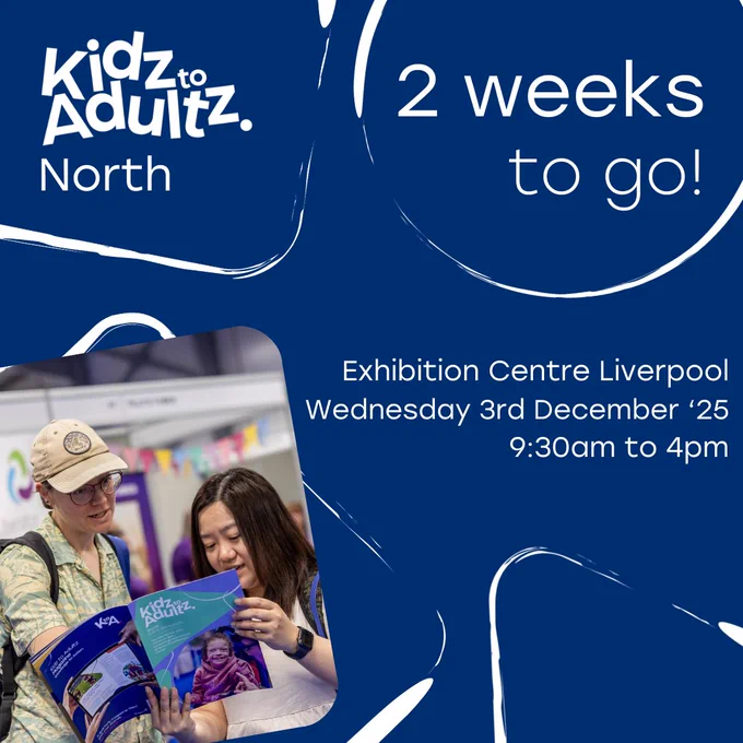 Kidz to Adultz North announcement with a square image of two attendees exploring an event showguide. Text reads '2 weeks to go, Kidz to Adultz North, Wednesday 3rd December, 9.30am - 4pm, Exhibition Centre Liverpool. 