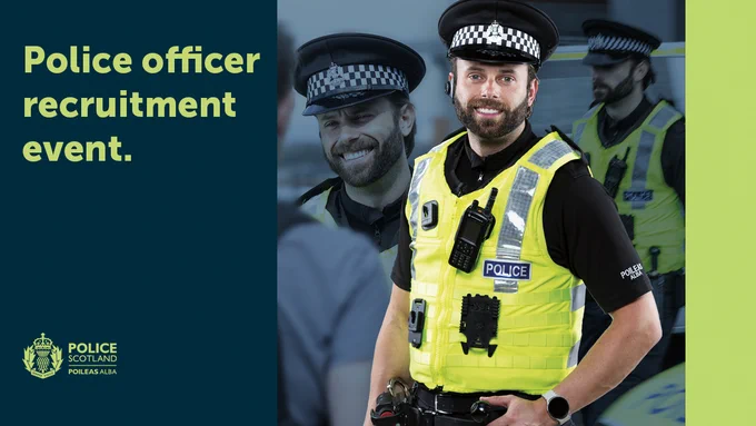 Graphic featuring a male uniformed police officer smiling facing the camera, with photos in background of officer engaging with public. Text on graphic reads: Police officer recruitment event.