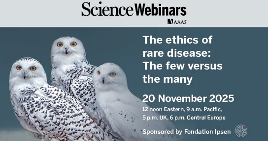 Promotional banner for a Science Webinar scheduled for 20 November 2025, featuring an image of three snowy owls perched side by side. Sponsored by Fondation Ipsen.