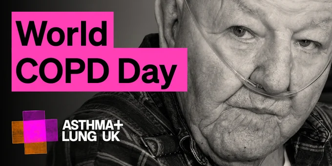 A man using oxygen is looking into the camera. Next to him is the text World COPD Day.