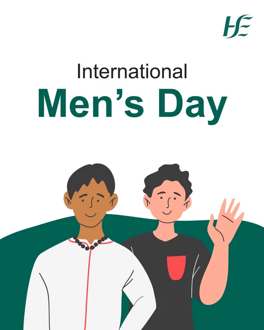 A cartoon image of two men, both smiling and one waving. The image caption reads "International Men's Day" 