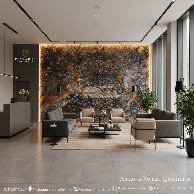 #ModernLobbyDesign #QuartziteWall #LuxuryInteriors #StatementWall #DesignerSpaces #NaturalDesignQuartzite #Peshagun #PeshagunIndustries #PeshagunIndustriesDiscover