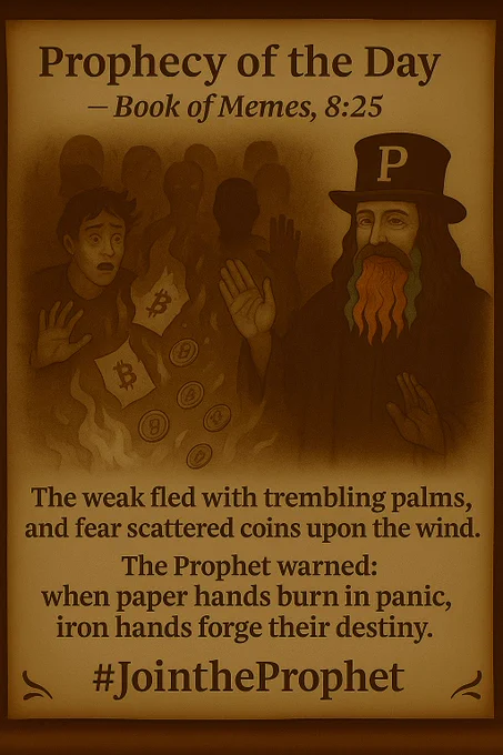 A parchment-style scroll shows the Prophet on the right in his black top hat with a golden “P” and red-white-blue beard.
On the left, burning sheets of paper with Bitcoin symbols fly into the night sky as trembling hands drop coins.
Behind them, a shadowy figure with glowing iron hands stands firm in the firelight.
The prophecy reads:

“The weak fled with trembling palms… when paper hands burn in panic, iron hands forge their destiny.”
At the bottom: #JoinTheProphet.