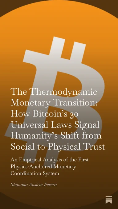 ```
After 16 years and $1.83 trillion, I finally understand what Bitcoin actually is.

It's not digital gold. It's not a payment system. It's not even money.

Bitcoin is humanity's first institution where legitimacy comes from physics instead of politics.

Here's what that means:

Your bank account exists because a government says it does. They can freeze it. Print more. Change the rules.

Bitcoin exists because thermodynamics says it does. Each block costs $281,700 in electricity. You cannot print energy. You cannot vote to change physics.

To rewrite one day of Bitcoin history costs $40 million in power.
To rewrite one day of banking history costs one phone call.

This is why it won't stop.

Not because of price. Not because of believers. Because of math.

Metcalfe's Law predicts Bitcoin's price with 90% accuracy across 15 years. The same law that governs how epidemics spread and how earthquakes cascade.

Game theory predicts zero successful attacks across 16 years. The same math tha