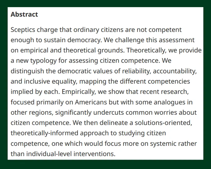 BJPolS abstract discussing the challenges and proposal of a new typology for assessing citizen competence in sustaining democracy. The text addresses empirical data and suggests a solutions-oriented, systemic approach rather than individual-level interventions.