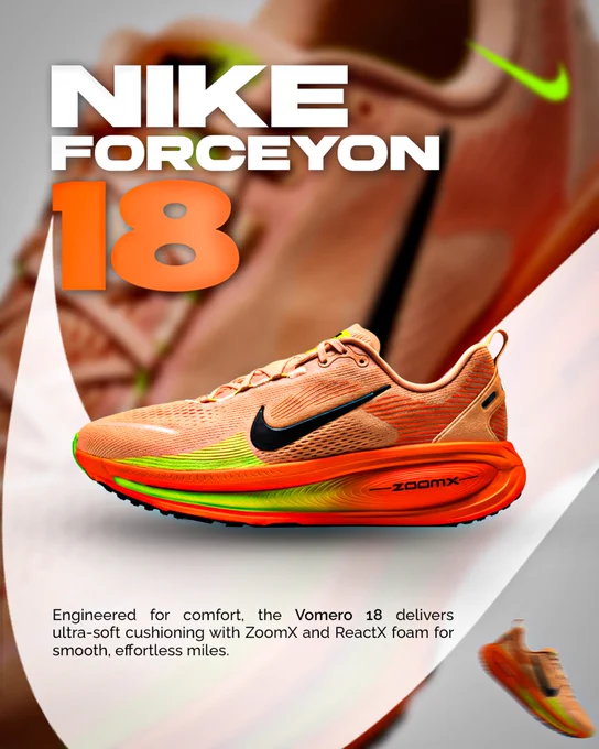  
I focused on a clean layout, stretched typography, and a color 
palette inspired by the shoe itself to highlight its cushioning and 
performance-driven build. My goal was to visually express the 
smooth, soft ride the Vomero series is known for.


✦ Highlights:

⤷ Twin-foam midsole (ZoomX   ReactX) for maximum comfort
⤷ Engineered mesh upper for breathability
⤷ Outsole pods for natural heel-to-toe flow


As a designer, my goal was to translate the engineering 
excellence of the Vomero 18 into a visual story—one that feels 
aspirational but also grounded in performance.


What do you think of this concept? Your feedback means a lot.
DM me for custom poster designs.