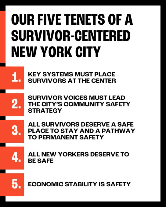 Graphic displaying the five core tenets of Safe Horizon's agenda. The header reads, "OUR FIVE TENETS OF A SURVIVOR-CENTERED NEW YORK CITY." The numbered list is: 1. Key systems must place survivors at the center. 2. Survivor voices must lead the city's community safety strategy. 3. All survivors deserve a safe place to stay and a pathway to permanent safety. 4. All New Yorkers deserve to be safe. 5. Economic stability is safety.  