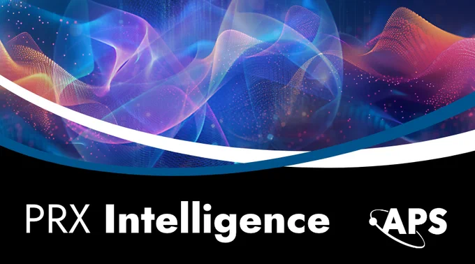 Abstract waves of colorful light in blue, purple, and orange tones flow across the top half of the image. Below, a black background features the text “PRX Intelligence” in bold white letters and the APS logo in the lower right corner.