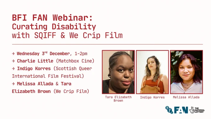 Graphic with details of the Curating Disability webinar and the BFI FAN logo