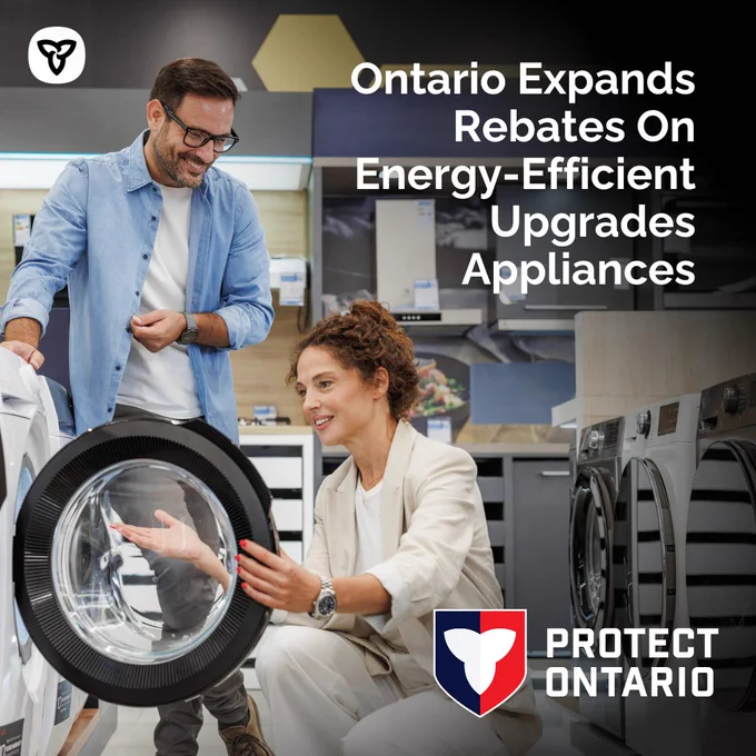 Man and woman examining a washing machine at a store. Caption reads "Ontario Expands Rebates On Energy-Efficient Upgrades Appliances" 