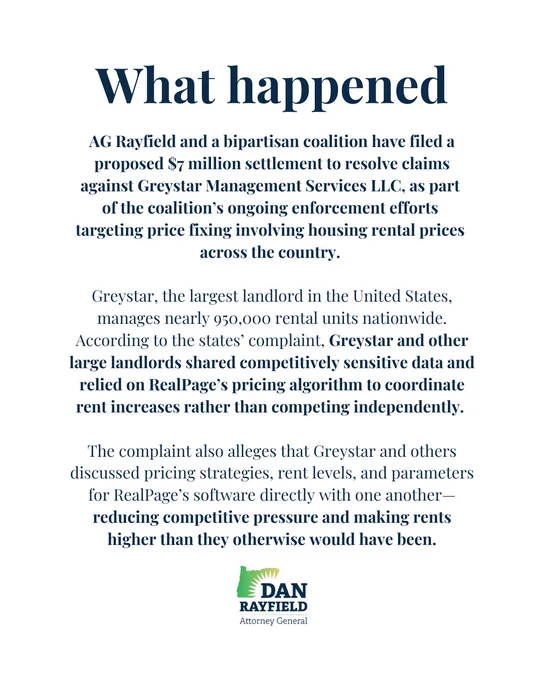 AG Rayfield and a bipartisan coalition have filed a proposed $7 million settlement to resolve claims against Greystar Management Services LLC, as part of the coalition’s ongoing enforcement efforts targeting price fixing involving housing rental prices across the country. 