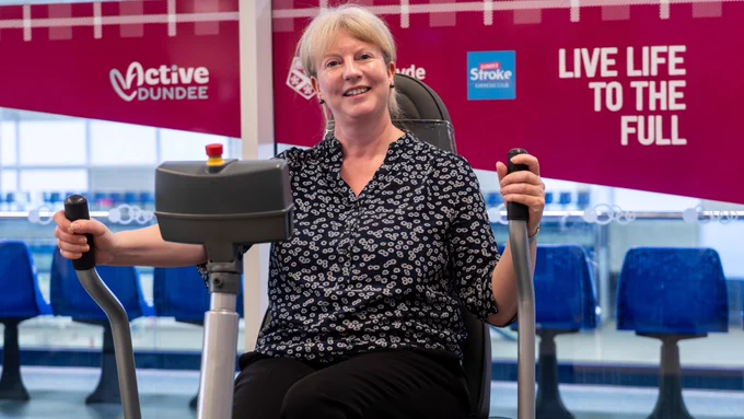 Shona Robison MSP tries out Chest Heart & Stroke Scotland’s new specialist equipment based at the Olympia in Dundee.