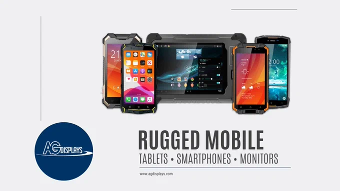 Promotional graphic showing five rugged mobile devices arranged in a row: two rugged smartphones on the left with colorful home screens, a large rugged tablet in the center displaying a dark-themed interface with clock and weather, and two more rugged smartphones on the right with reinforced orange-and-black protective frames. All devices feature heavy-duty bumpers and hardened casings. Below is the AGDisplays logo in a blue circle and bold text reading “RUGGED MOBILE – TABLETS • SMARTPHONES • MONITORS” along with the website www.agdisplays.com. Background is clean light gray.