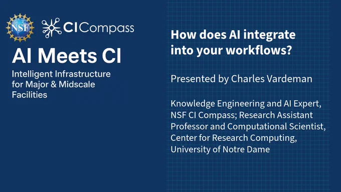This image includes text that reads: AI Meets CI - Intelligent Infrastructure for Major & Midscale FacilitiesHow does AI Integrate into your workflows?Presented by Charles Vardeman, knowledge engineering and AI expert, NSF CI Compass; Research assistant professor and computational scientist, Center for Research Computing, University of Notre Dame