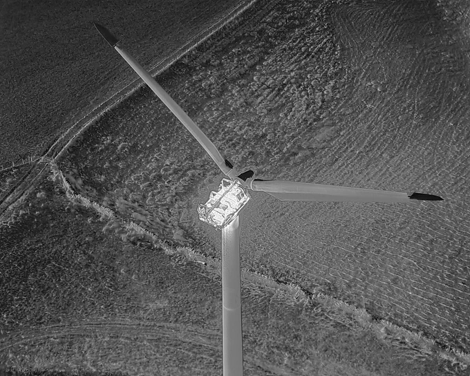 Thermal image of burning wind turbine
