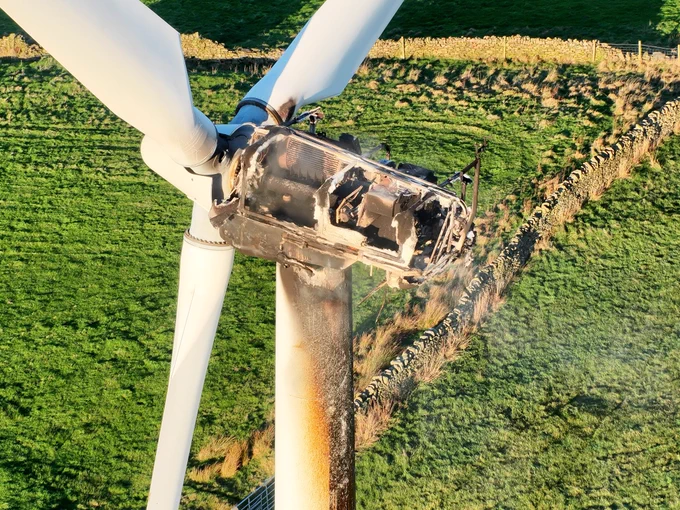 Fire damaged wind turbine