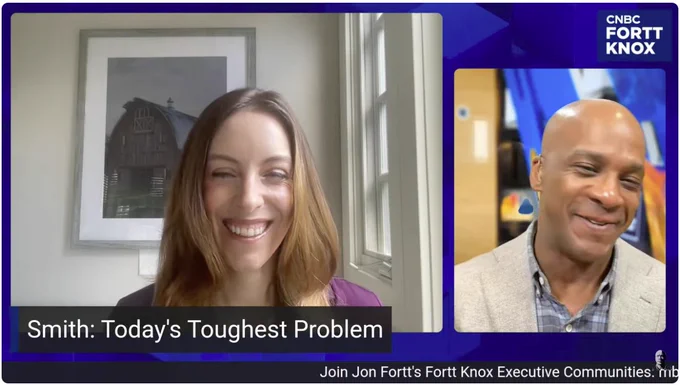 Jennifer Smith, CEO of Scribe (left) with Jon Fortt of CNBC (right) on Fortt Knox CNBC with the on-screen caption, "Smith: Today's Toughest Problem".