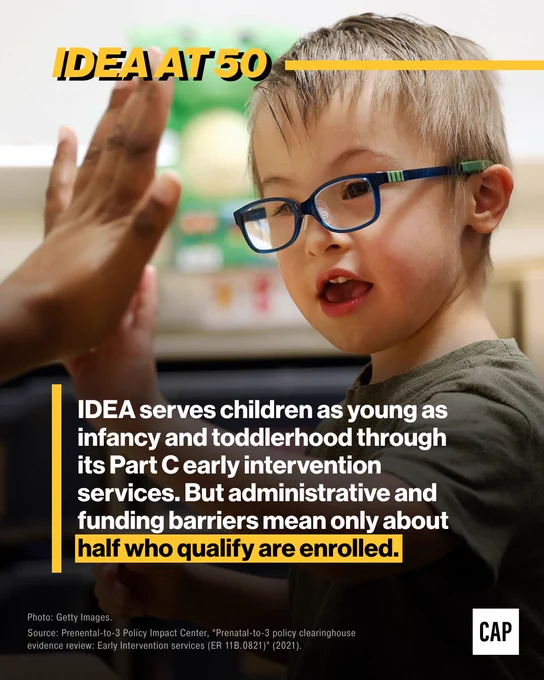 A photo of a young boy wearing glasses, giving a high-five to an unseen adult hand. The title banner reads "IDEA AT 50." Text is overlaid on the bottom half of the image: "IDEA serves children as young as infancy and toddlerhood through its Part C early intervention services. But administrative and funding barriers mean only about half who qualify are enrolled." The source is cited at the bottom.